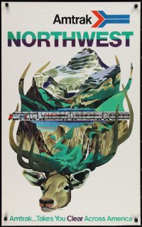 3r0602 AMTRAK NORTHWEST 25x40 travel poster 1973 Klein art of mountains, train elk antlers, rare!