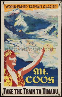 3r0604 MOUNT COOK 23x35 New Zealand travel poster 1938 art of woman & Tasman Glacier, rare!