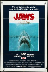 3t0896 JAWS 1sh 1975 art of Spielberg's classic man-eating shark attacking naked swimmer!
