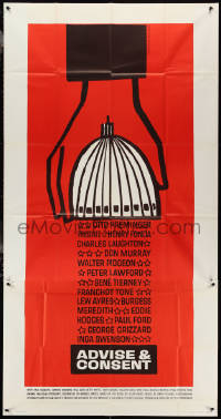 3y0147 ADVISE & CONSENT 3sh 1962 Otto Preminger, Saul Bass art of giant hand holding capitol dome!
