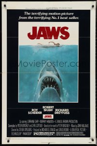3y0915 JAWS 1sh 1975 Roger Kastel art of Spielberg's man-eating shark attacking sexy swimmer!