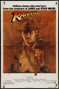 3y1028 RAIDERS OF THE LOST ARK 1sh 1981 great art of adventurer Harrison Ford by Richard Amsel