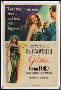 4d0595 GILDA linen 1sh 1946 sexy Rita Hayworth in sheath dress & slapped by Glenn Ford, ultra rare!