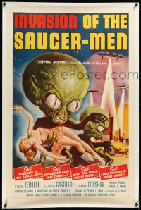 4d0625 INVASION OF THE SAUCER MEN linen 1sh 1957 classic Kallis art of cabbage head aliens & sexy girl