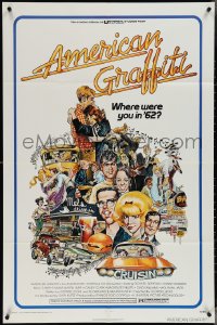 4f0690 AMERICAN GRAFFITI 1sh 1973 George Lucas teen classic, Mort Drucker montage art of cast!
