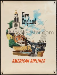 4g0221 AMERICAN AIRLINES NEW ENGLAND 30x40 travel poster 1950s art of church & ship by Bern Hill!