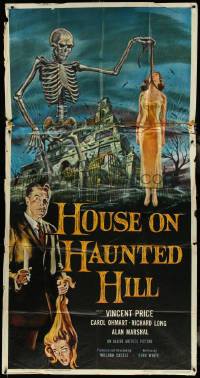 4j0306 HOUSE ON HAUNTED HILL 3sh 1959 classic art of Vincent Price w/ skeleton & hanging girl, rare!