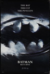 4k0718 BATMAN RETURNS teaser 1sh 1992 Burton, Keaton, The Bat, The Cat, The Penguin, logo design!