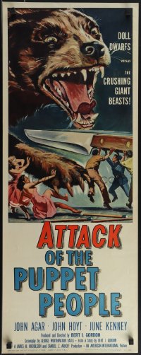 4w0146 ATTACK OF THE PUPPET PEOPLE insert 1958 art of tiny people w/steak knife attacking dog!