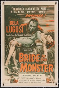 4x0124 BRIDE OF THE MONSTER linen 1sh 1956 Ed Wood, great art of Bela Lugosi carrying sexy girl!