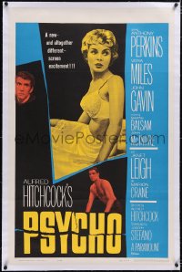 4x0609 PSYCHO linen 1sh 1960 sexy half-dressed Janet Leigh, Anthony Perkins, Alfred Hitchcock classic!