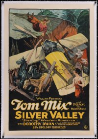 4x0695 SILVER VALLEY linen 1sh 1927 art of Tom Mix jumping from plane crashed into barn, ultra rare!
