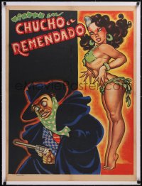 5a0581 CHUCHO EL REMENDADO linen Mexican poster 1952 art of Tin Tan & sexy girl by Cabral, rare!