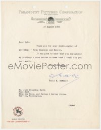 5b0006 CECIL B. DEMILLE signed letter 1955 to John Ringling North, close friend since Greatest Show!