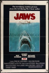 5g0853 JAWS int'l 1sh 1975 Spielberg's man-eating shark attacking naked swimmer, tri-folded only!