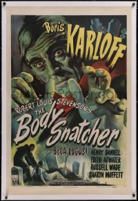 5h0451 BODY SNATCHER linen 1sh 1945 art of Boris Karloff close up & robbing body from graveyard!