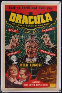 5h0462 DRACULA linen 1sh R1951 great image of vampire Bela Lugosi behind web & attacking girl, rare!
