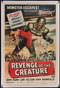 5h0508 REVENGE OF THE CREATURE linen 1sh 1955 art of the monster holding sexy girl by Reynold Brown!