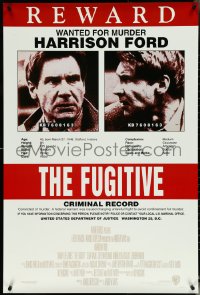 5k0403 FUGITIVE recalled int'l 1sh 1993 Harrison Ford is on the run, cool wanted poster design!