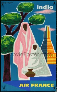 5k0239 AIR FRANCE INDIA 24x39 French travel poster 1963 Guy Georget art of two figures and more!