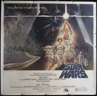 5p0407 STAR WARS linen 6sh 1977 George Lucas, iconic Tom Jung art of Luke & Leia with Vader behind!