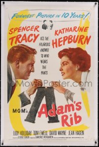 5p0424 ADAM'S RIB linen 1sh 1949 Spencer Tracy & Katharine Hepburn fight over who wears the pants!