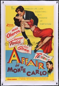 5p0425 AFFAIR IN MONTE CARLO linen 1sh 1953 art of sexiest Merle Oberon embraced by Richard Todd!