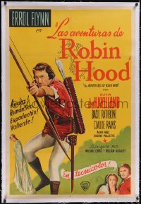 5p0870 ADVENTURES OF ROBIN HOOD linen Argentinean R1940s art of Errol Flynn & De Havilland, ultra rare!