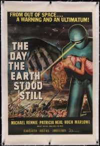 5p0467 DAY THE EARTH STOOD STILL linen 1sh 1951 most classic sci-fi art of Gort holding Neal, rare!