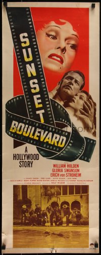 5p0343 SUNSET BOULEVARD insert 1950 Gloria Swanson, William Holden & Olson, cool art & pool scene!