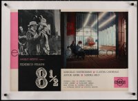 5p0863 8 1/2 linen Italian 19x26 pbusta 1963 Federico Fellini classic, Mastroianni in train station!