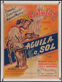 5p1150 AGUILA O SOL linen Mexican poster R1940s art of Cantinflas in tattered clothes w/ shoe, rare!