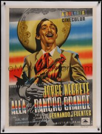 5p1152 ALLA EN EL RANCHO GRANDE linen Mexican poster 1949 art of Negrete singing with rooster, rare!