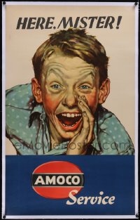 5p0773 AMOCO linen 26x43 advertising poster 1940s very rare, get your service done here, mister!