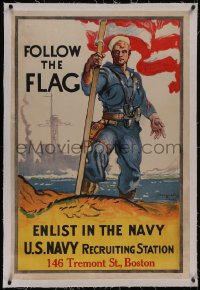 5p0997 FOLLOW THE FLAG linen 28x42 WWI war poster 1917 James Daugherty art, enlist in the Navy, rare!