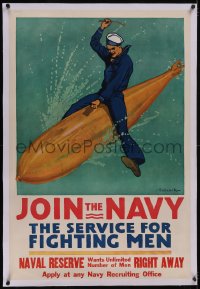5p1010 JOIN THE NAVY THE SERVICE FOR FIGHTING MEN linen 28x42 WWI war poster 1917 cool Babcock art!