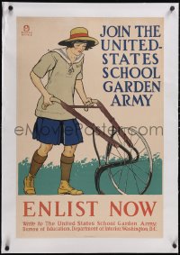 5p1011 JOIN THE UNITED STATES SCHOOL GARDEN ARMY linen 20x30 WWI war poster 1918 Penfield art, rare!