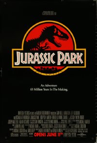 5s0950 JURASSIC PARK advance DS 1sh 1993 Steven Spielberg, logo with T-Rex over red background!
