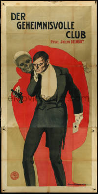 5y0153 MYSTERIOUS CLUB German 43x86 1913 great art of man encouraged to suicide by Death skull!
