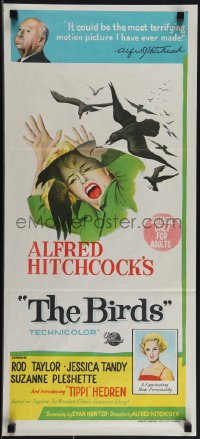 6b0285 BIRDS Aust daybill 1963 director Alfred Hitchcock shown, Tippi Hedren, attack artwork!