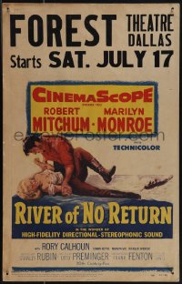 6b0194 RIVER OF NO RETURN WC 1954 great artwork of Robert Mitchum holding down sexy Marilyn Monroe!