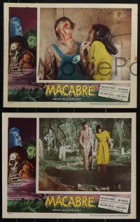 6b0603 MACABRE 8 LCs 1958 William Castle, border art of skeleton & screaming women in graveyard!