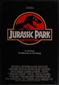 6c0793 JURASSIC PARK 1sh 1993 Steven Spielberg, classic logo with T-Rex over red background!