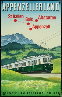6c0590 APPENZELL RAILWAYS 25x40 Swiss travel poster 1950 art of train with mountains in background!