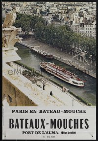 6c0199 BATEAUX MOUCHES 16x23 French travel poster 1980s cool image of boat in city of Paris!