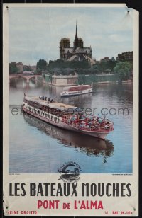 6c0198 BATEAUX MOUCHES 14x22 French travel poster 1980s cool image of boats and Notre Dame!