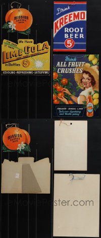 6d0178 LOT OF 4 DRINK ADVERTISING HANGERS & STANDEE 1950s Mission Orange, Lime Cola, Kreemo & more!