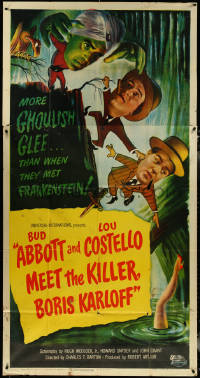 6f0347 ABBOTT & COSTELLO MEET THE KILLER BORIS KARLOFF 3sh 1949 art of scared Bud & Lou, rare!