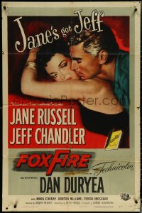 6f0916 FOXFIRE 1sh 1955 romantic close up artwork of sexy Jane Russell & Jeff Chandler!