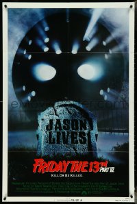 6f0921 FRIDAY THE 13th PART VI 1sh 1986 Jason Lives, cool image of hockey mask over tombstone!